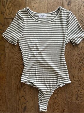 Carly Jean Los Angeles Striped Short Sleeve Ribbed Bodysuit - Olive & White